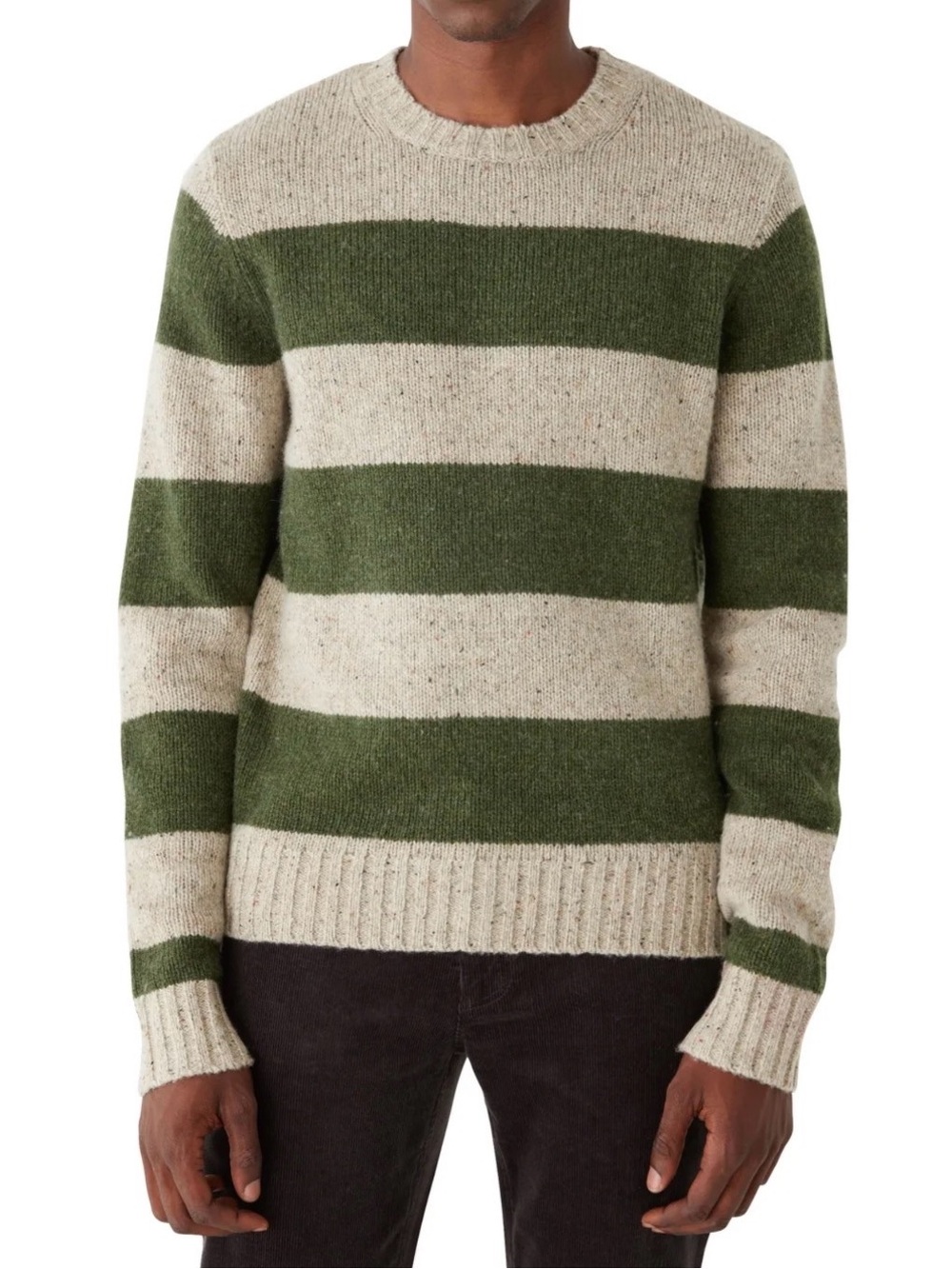 Frank And Oak 80% Lambswool Striped Crewneck Sweater Forest Green Beige Large